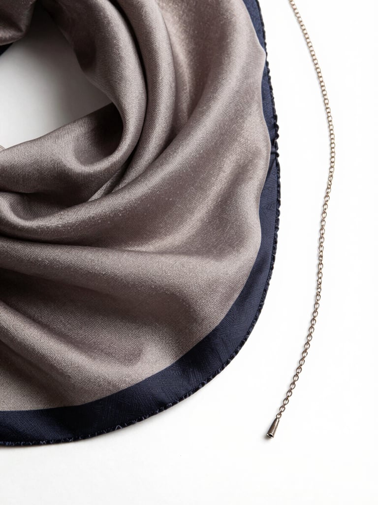 Close overhead shot of a silk scarf partially unfolded on a white surface, the weave texture and hand-rolled hem sharp under controlled studio light, a single strand of fine chain resting beside it showing scale, no hands visible, magazine-quality stillness