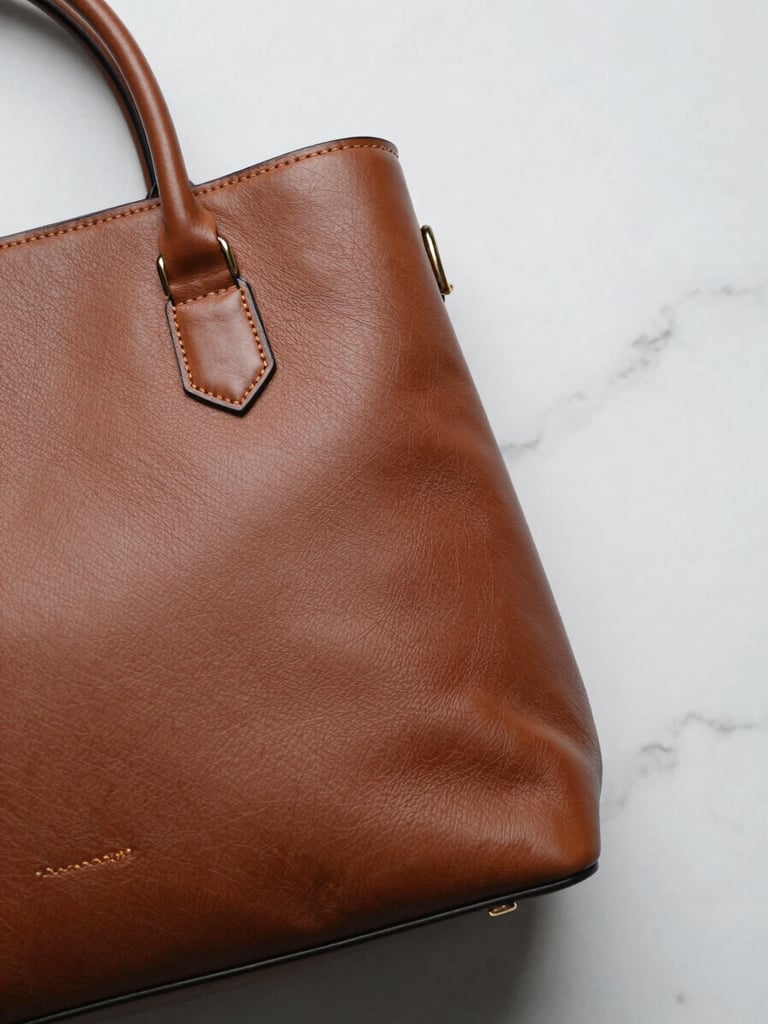 Close-up editorial flat-lay of a structured leather handbag on a white marble surface, controlled studio light raking across the stitching and hardware to reveal material texture, top-down framing with one corner of the bag touching the left edge, negative space to the right