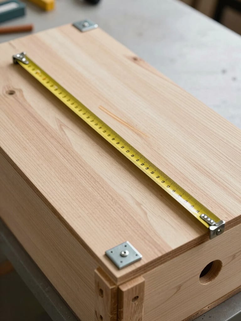 Close-up overhead shot of a wooden crate panel mid-assembly on a workshop floor, measuring tape stretched across the board, pencil marks visible, metal corner hardware beside it, even north-facing studio light, no shadows
