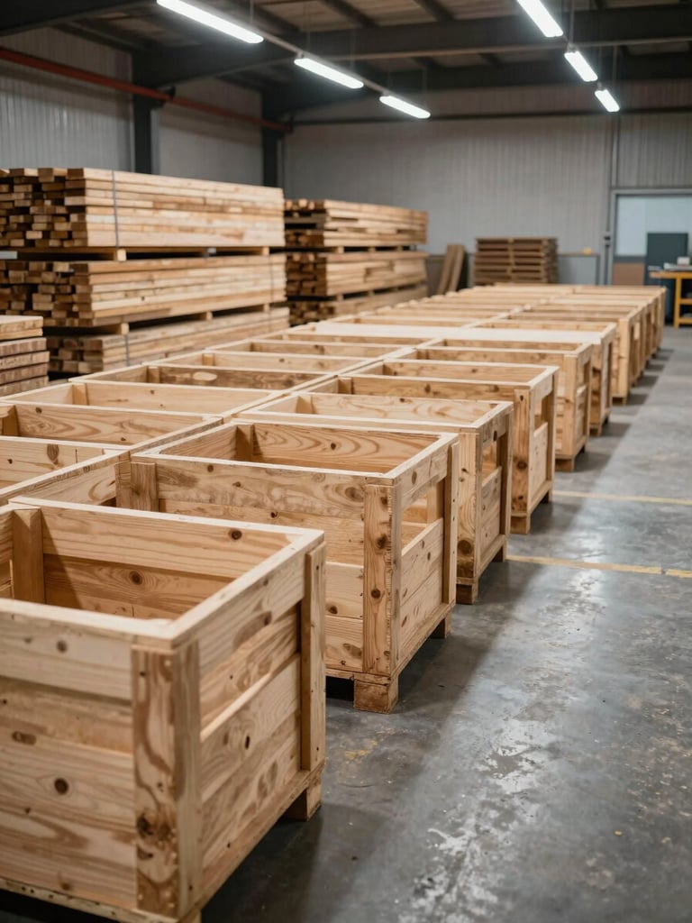 Wide workshop floor shot from the left side, organized rows of finished wooden crates under even overhead fluorescent light, raw lumber stacked against the far wall, no people, industrial clarity