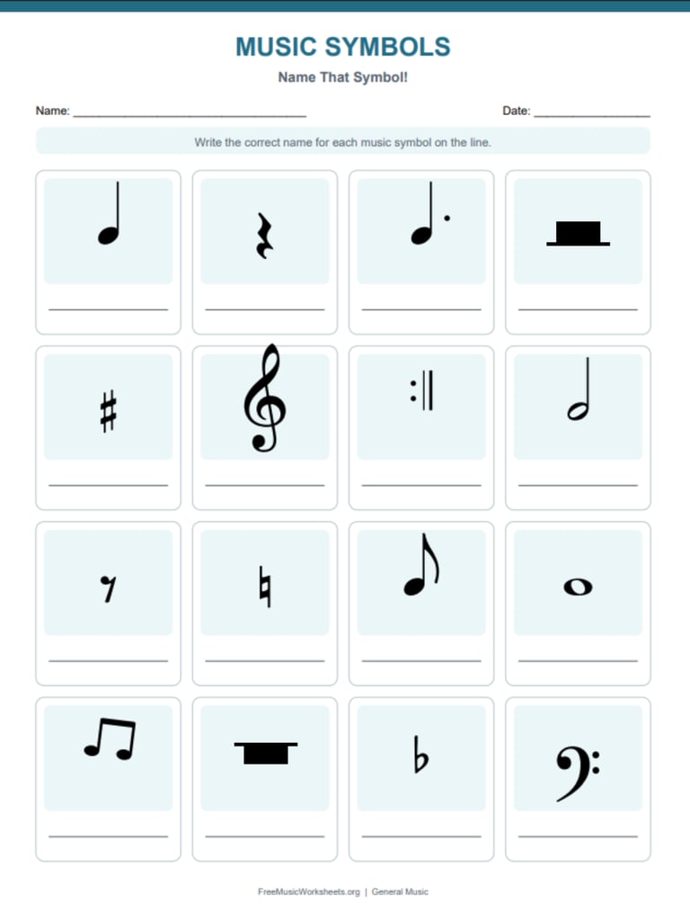Free printable music symbols identification worksheet with answer key