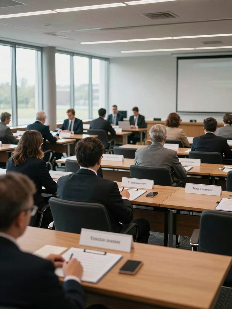 Wide environmental shot of a mid-session conference room, delegates seated at committee tables with name placards and printed agendas, natural daylight through tall windows, over-shoulder framing showing scale of the room