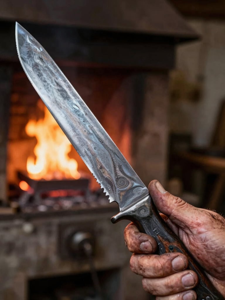 Extreme close-up of scarred craftsman hands holding a raw forged steel blade, dramatic side lighting from a forge fire, deep shadows, rustic workshop background.