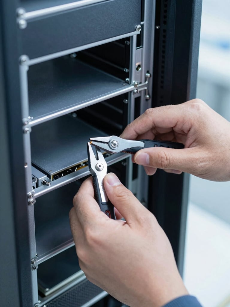 Close-up of hands with tools repairing a server component in a clean, well-lit office environment, cool blue and slate gray tones, crisp technical photography, sharp focus.