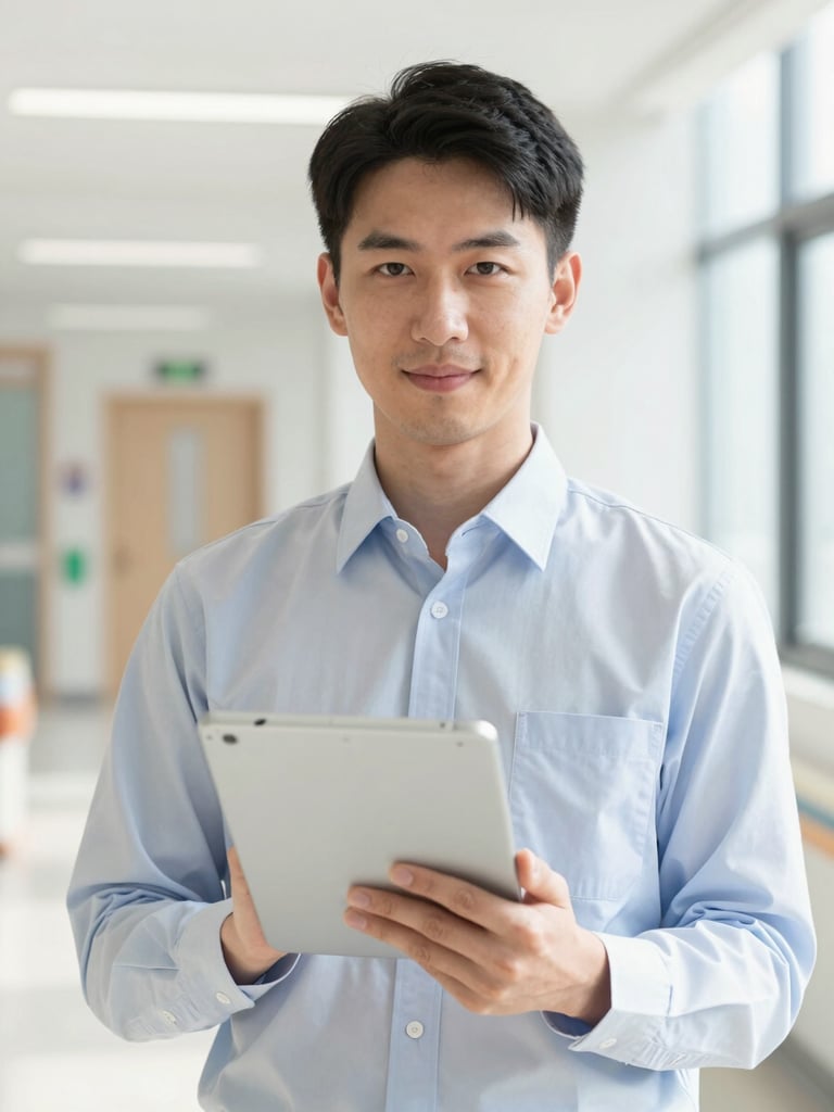Close-up environmental portrait of a professional facilities manager holding a digital tablet in a bright, modern hospital corridor, clean high-contrast tones, 35mm