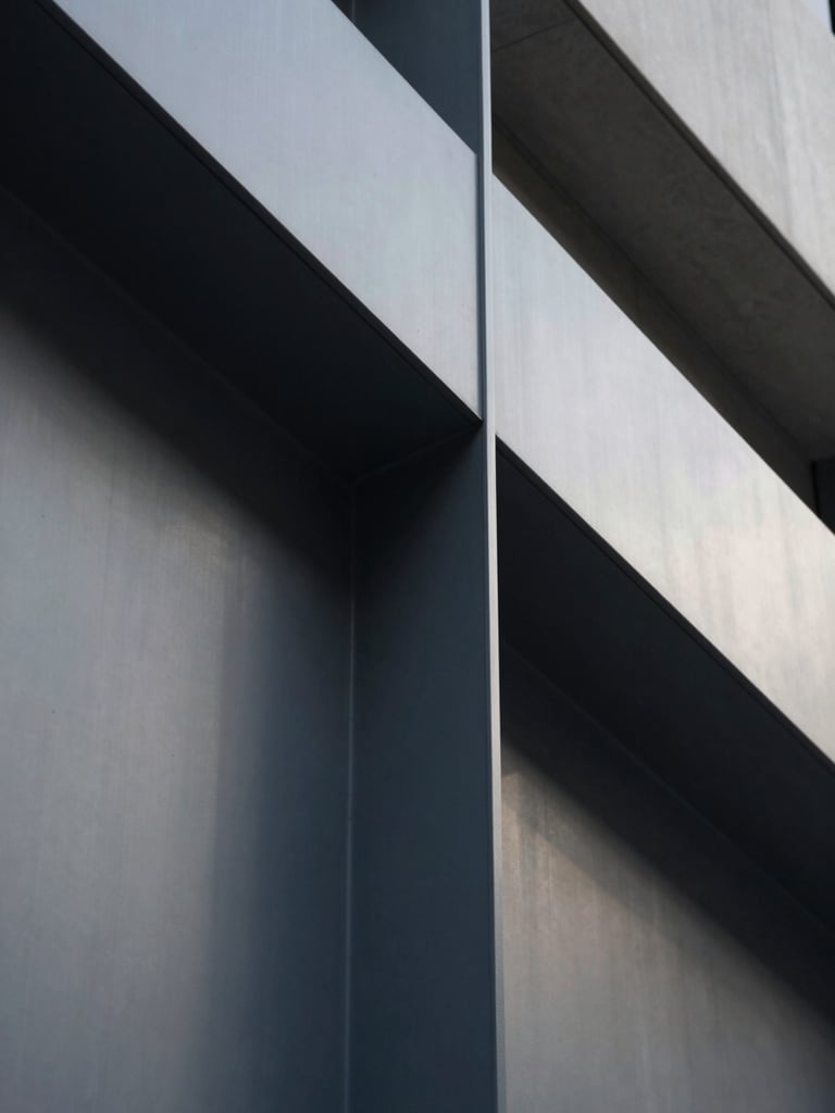 Macro close-up of modern architectural steel lines and concrete, sharp focus, geometric shadows, soft daylight, sober corporate tone