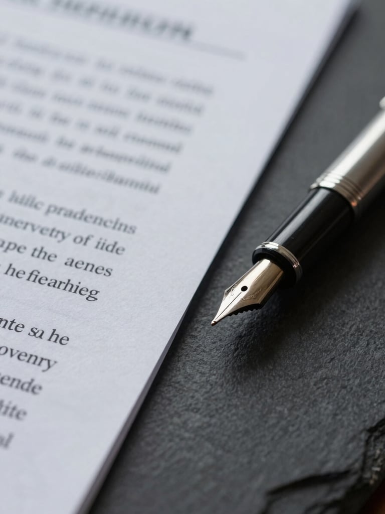 Macro close-up of textured legal documents and a fountain pen resting on a dark slate surface, soft side lighting, professional and precise atmosphere.