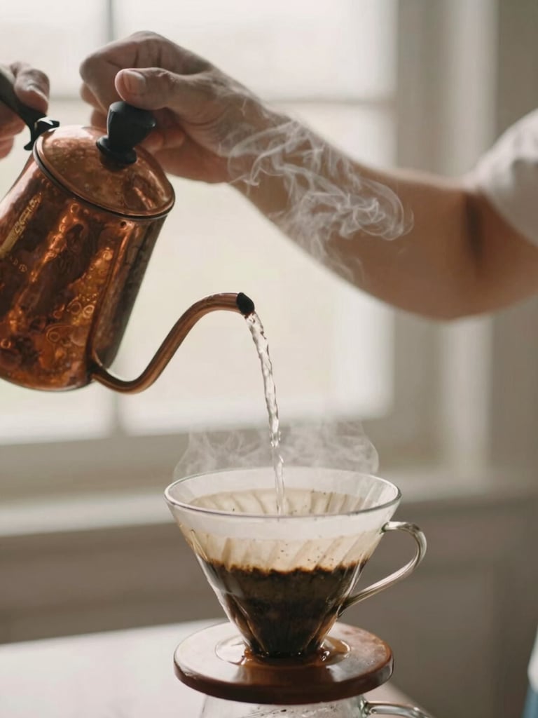 Close-up of hands pouring hot water from a copper kettle onto coffee grounds in a glass dripper, steam rising, soft morning window light, warm tones