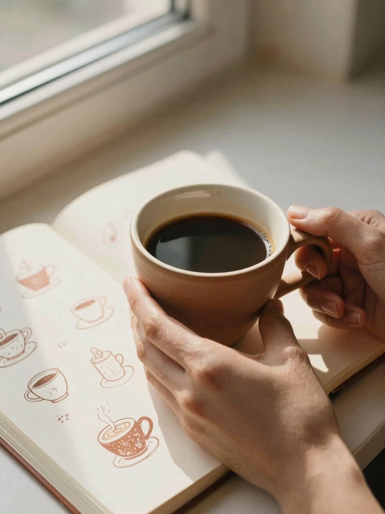 Close-up of hands holding a warm clay cup of coffee, soft morning daylight casting gentle shadows on an open paper notebook with hand-drawn coffee illustrations, warm cream and terracotta tones