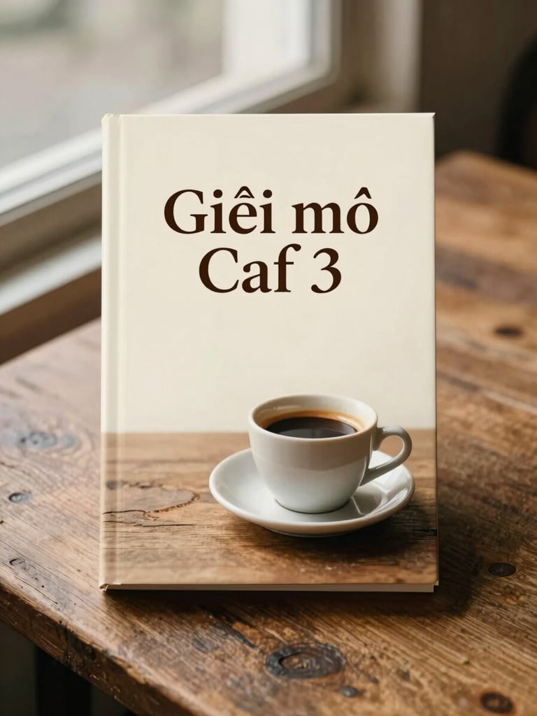 Elegant book cover of 'Giải mã Café' resting on a rustic wooden table beside a ceramic cup of espresso, warm morning light, soft shadows