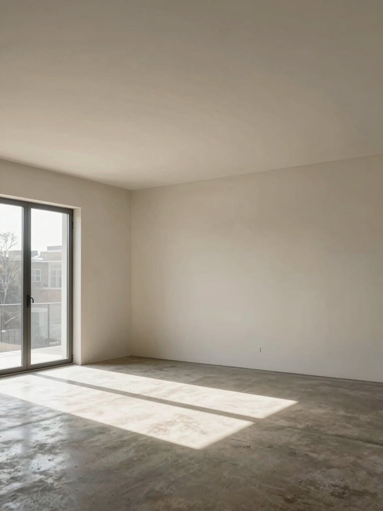 Interior wide shot of an empty living room showing full ceiling height and sightline to back wall, mid-morning sunlight entering through a large window on the left, concrete floor and bare plaster walls, no furniture, no staging