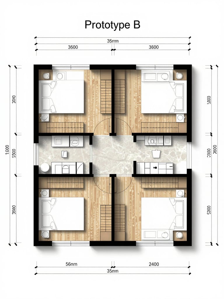 Overhead architectural floor-plan diagram of Prototype B showing room layout, dimensions labeled, clean line drawing on white background, no color fill