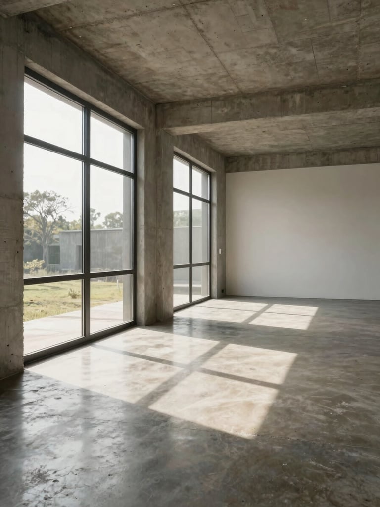 Wide interior sightline shot from the living area toward the far wall of Prototype A, mid-morning daylight streaming through north-facing windows, exposed concrete ceiling at 2.7 m height, polished concrete floor reflecting window light, no furniture, full room depth visible, neutral tones, natural light only