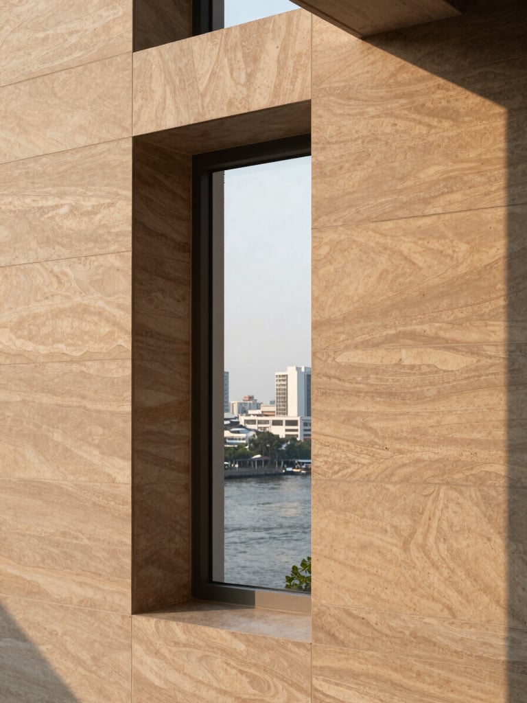 Close architectural detail of a Bangkok luxury condominium — a recessed window reveals a narrow slice of the Chao Phraya river beyond, warm morning light falling across brushed stone cladding, no staging, no people, framing emphasises material craft and spatial restraint