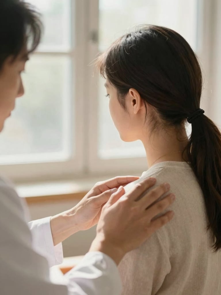 A gentle close-up of a healthcare professional's hands reassuring a young woman, soft natural window light, warm editorial photography, shallow depth of field, authentic human connection.