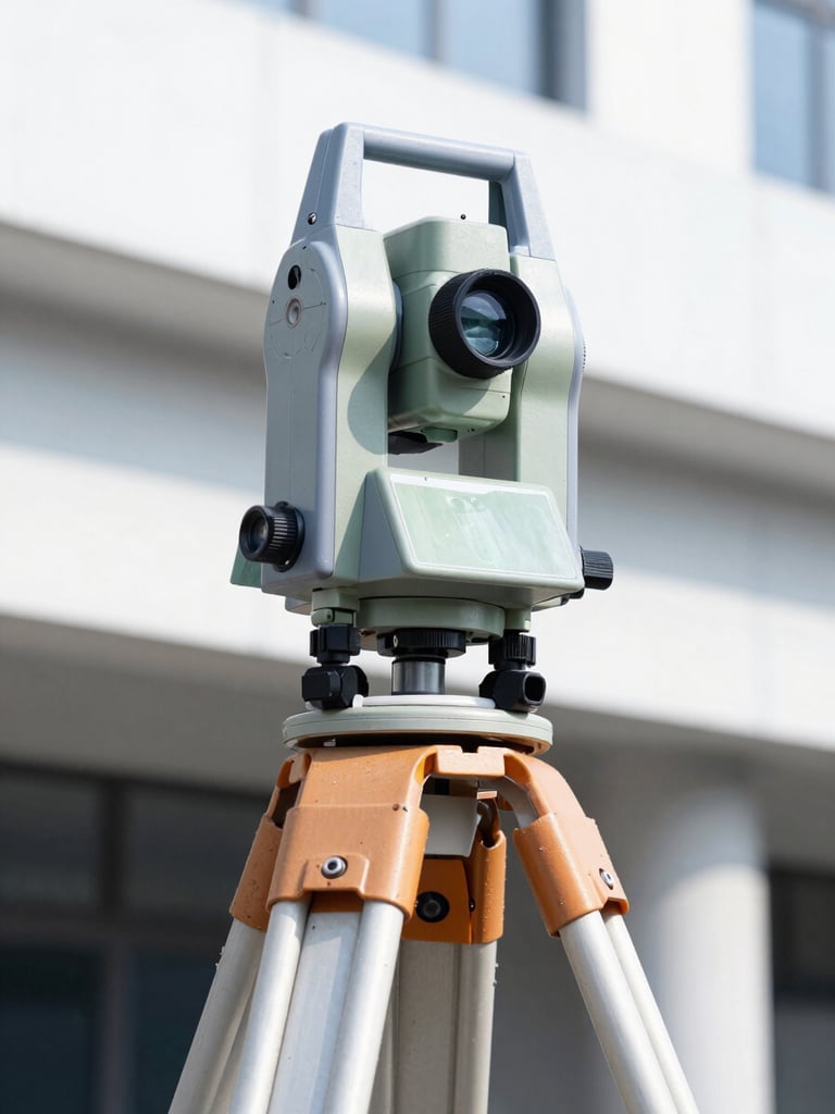 Close-up of a high-precision total station surveying instrument on a tripod, bright natural daylight, clean architectural lines, cool blue tones, sharp focus, 35mm