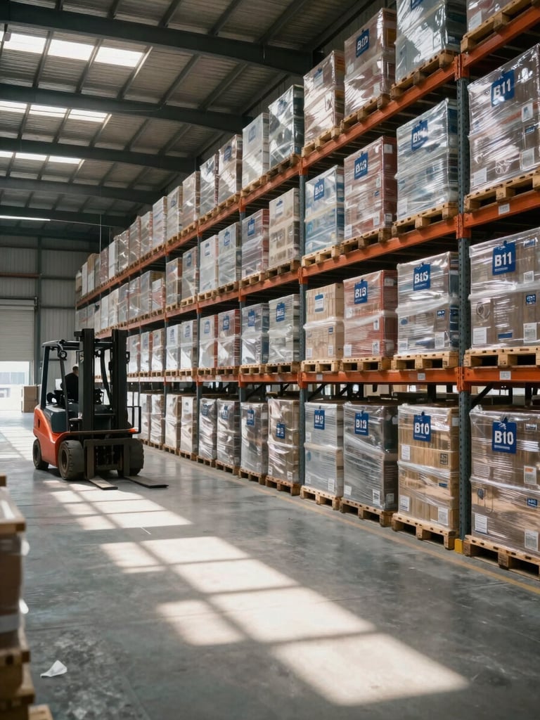 Wide interior of a large logistics warehouse, forklift moving pallets in the far left third, overhead lighting casting sharp grid shadows on a concrete floor stacked with labeled freight containers, documentary facility lighting, no people posing