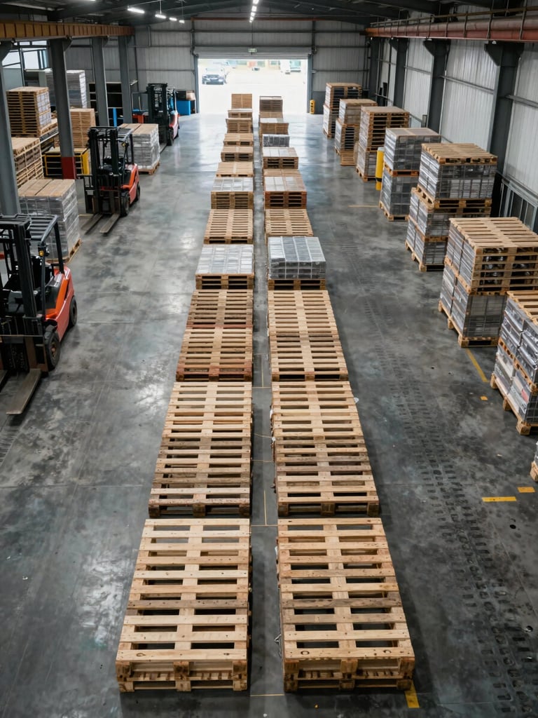 Overhead wide-angle view of a warehouse floor mid-operation — pallets arranged in precise grid rows under industrial fluorescent lighting, forklift tracks visible on polished concrete, systematic order at scale, no people, documentary framing