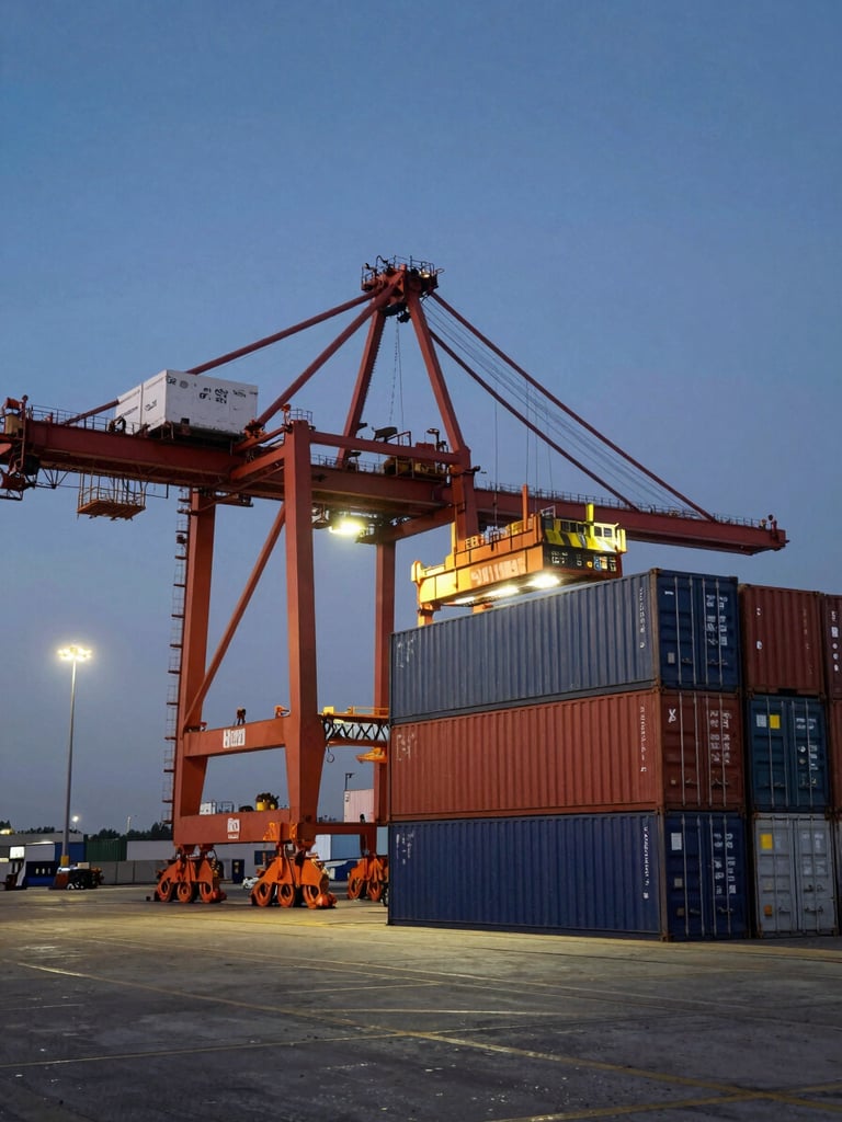 Wide shot of a container loading dock at dusk, crane arms extended over stacked shipping containers to the right of frame, industrial port lighting casting strong shadows, expansive dark sky above