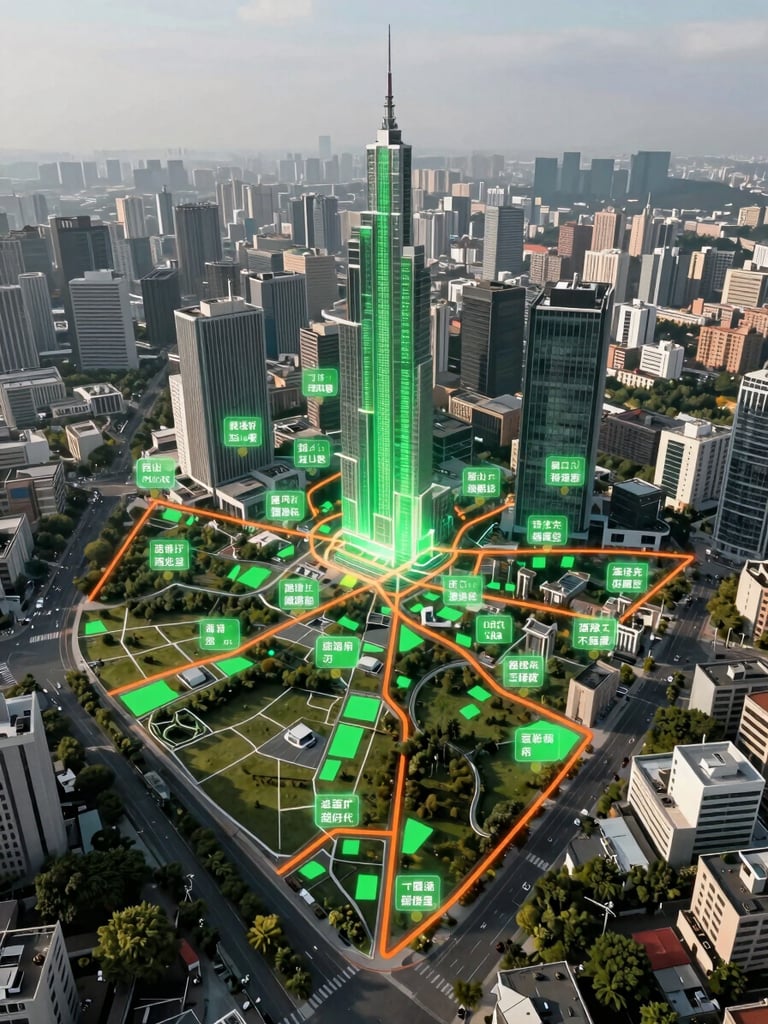 A top-down cartographic map of a modern city with glowing data overlays showing green zones and community clean-up coordinates, clean lines, high contrast