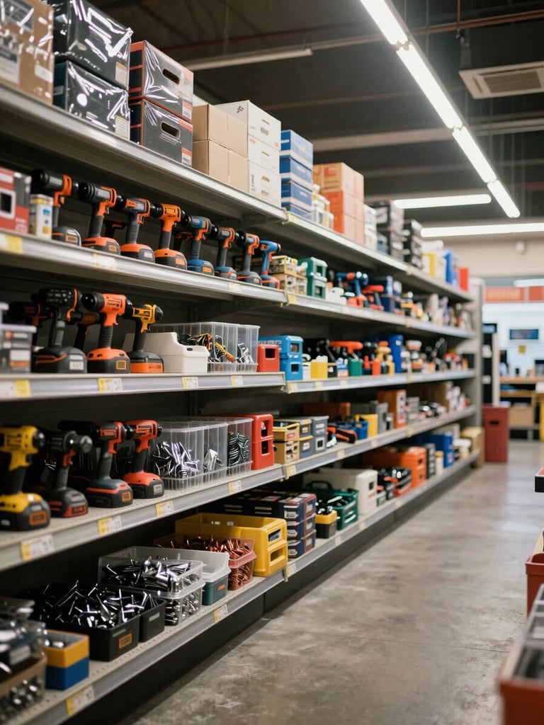 Wide interior of a hardware store, shelving units stacked floor to ceiling with organised power tools and fastener bins, shot from mid-aisle under overhead warehouse fluorescent light, neutral concrete floor visible, no people, honest working stock condition