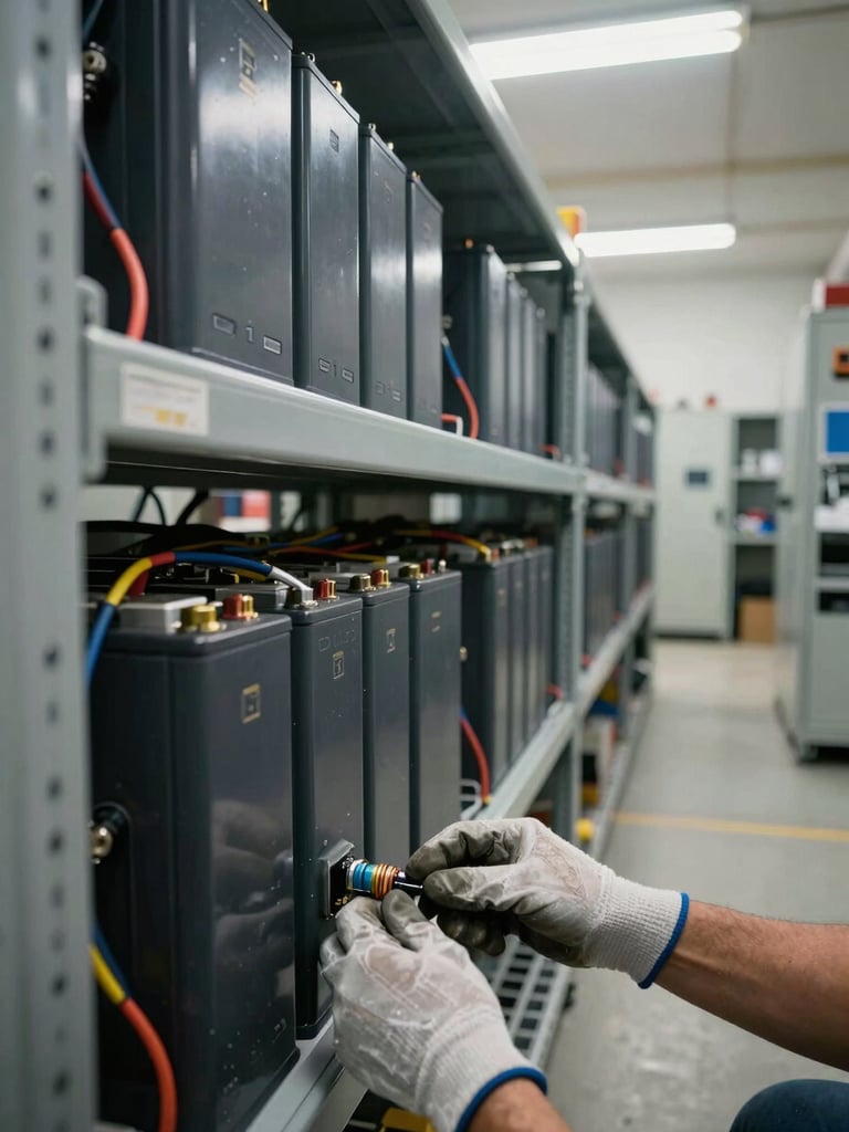 Close-up environmental shot of a battery bank rack in mid-installation inside a technical room: rows of sealed lead-acid battery modules with visible cabling harnesses, a technician's gloved hands connecting a terminal at lower frame, fluorescent task lighting overhead, concrete floor with cable trays running toward adjacent equipment cabinets—no studio lighting, raw site conditions