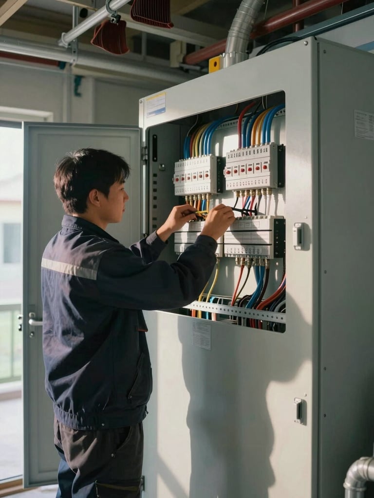 Wide environmental shot from inside an electrical room during active installation: a technician in work gear tightening connections on a industrial power distribution board, multiple cable trays visible, task lighting casting sharp shadows on the cabinet face, conduit runs disappearing into the ceiling—natural site daylight filtering through a door at left edge