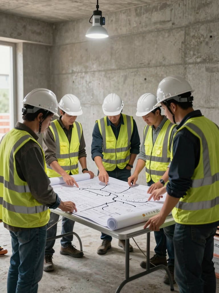 Wide environmental shot from the left edge: a specialized field crew gathered around unrolled site blueprints on a folding table at a construction site, task lighting from a portable lamp overhead, crew members pointing at specific route segments, hard hats and safety vests, natural concrete walls in background—no studio, no staging