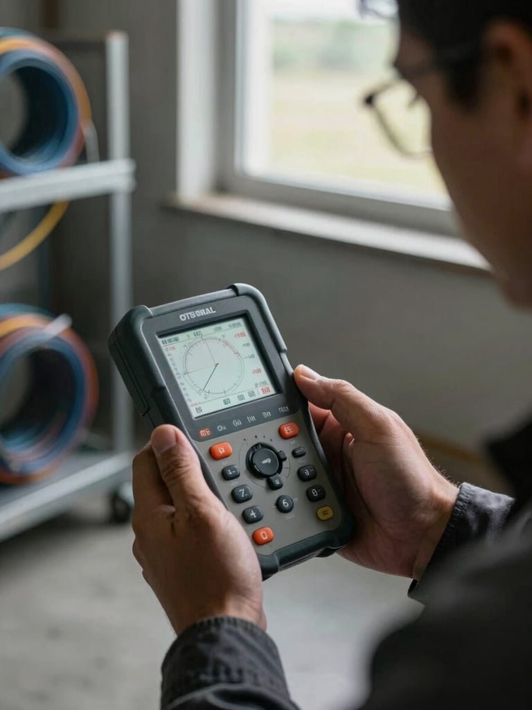 Tight technical close-up framed from the right edge: a field technician holding a homologated OTDR reflectometer unit, reading measurement values on the display screen, natural daylight entering from a site window behind, fiber cable coils visible on a nearby rack—no studio flash, concrete floor visible below