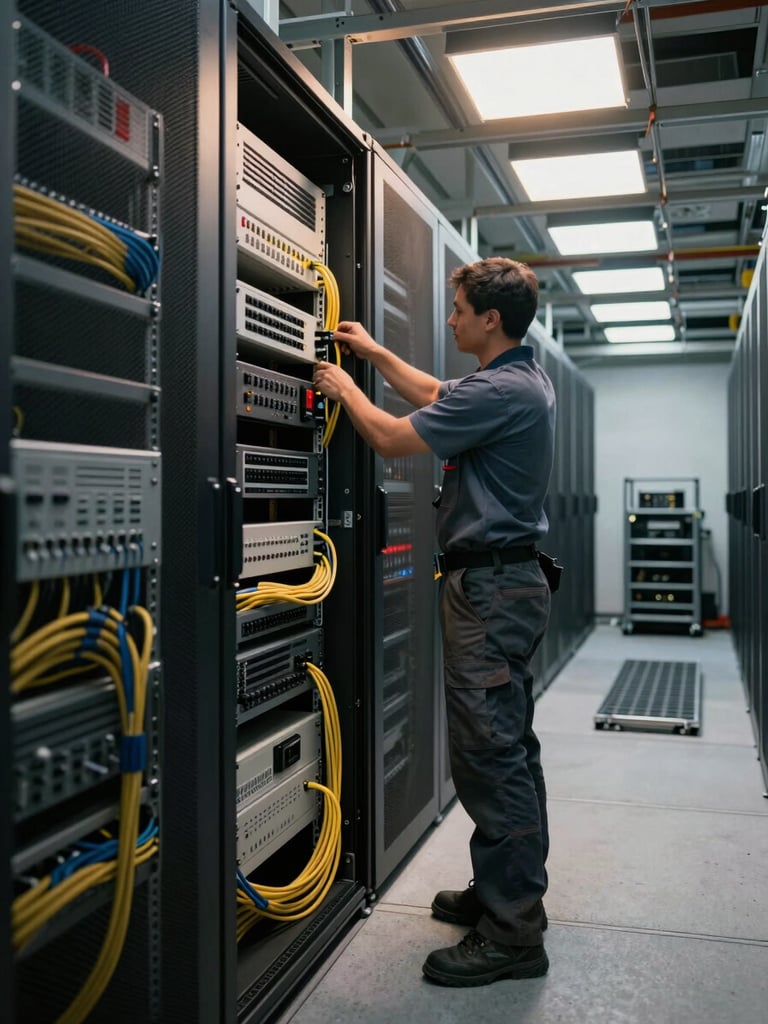 Wide environmental shot inside a data center room mid-installation: a technician in work gear securing cable management arms on a tall equipment rack under warm task lighting, patch panels and cable runs visible in the foreground, concrete floor with cable trays in the background—no studio lighting, natural task-light from overhead site lamps