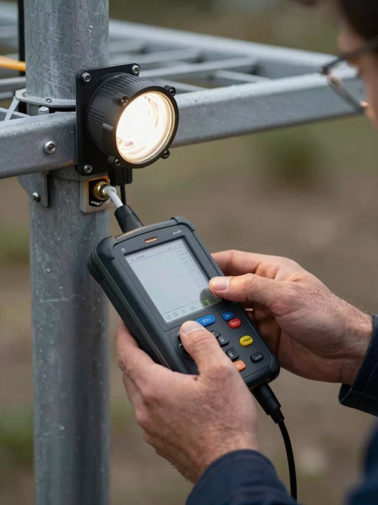 Close-up of a field technician's hands operating an OTDR reflectometry unit on a fiber splice closure mounted to a pole, measurement display visible on the device screen, task lighting from portable site lamp, shallow depth of field with cable tray and outdoor environment blurred in the background