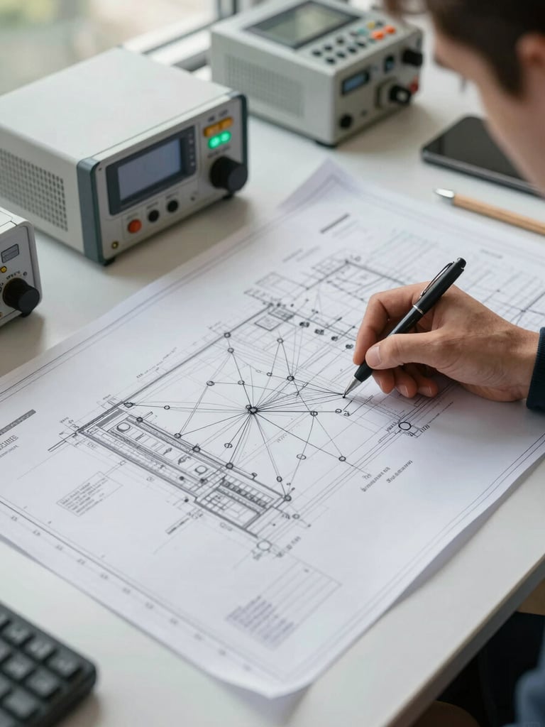 Overhead framing of a project coordination table: site blueprints spread open with measurement logs beside them, a technician's hand annotating a network diagram with a pen, homologated test equipment in the background—natural daylight from a nearby window, no studio lighting