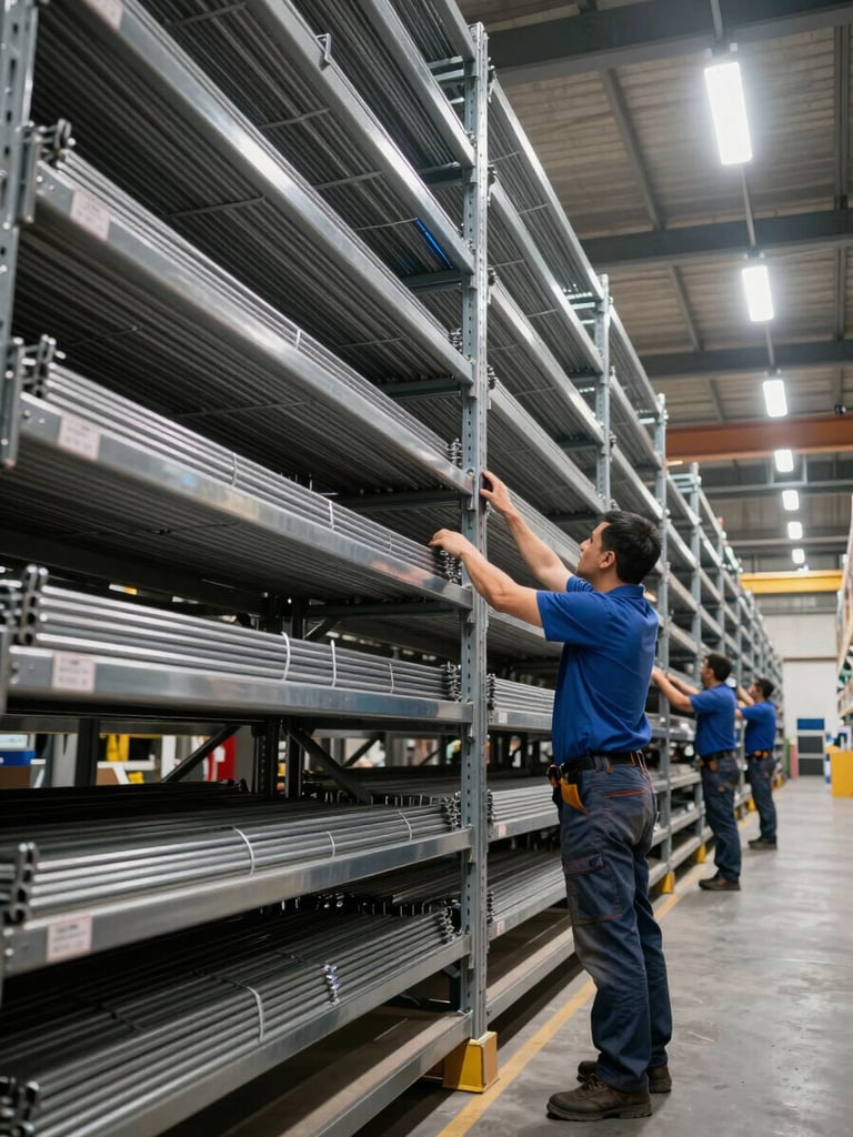 Wide panoramic warehouse aisle shot from low angle, contractor hands reaching into organized steel bar rack, hard tungsten overhead spotlights casting sharp shadows, bulk stock dense in frame, left-heavy composition with warehouse depth receding right