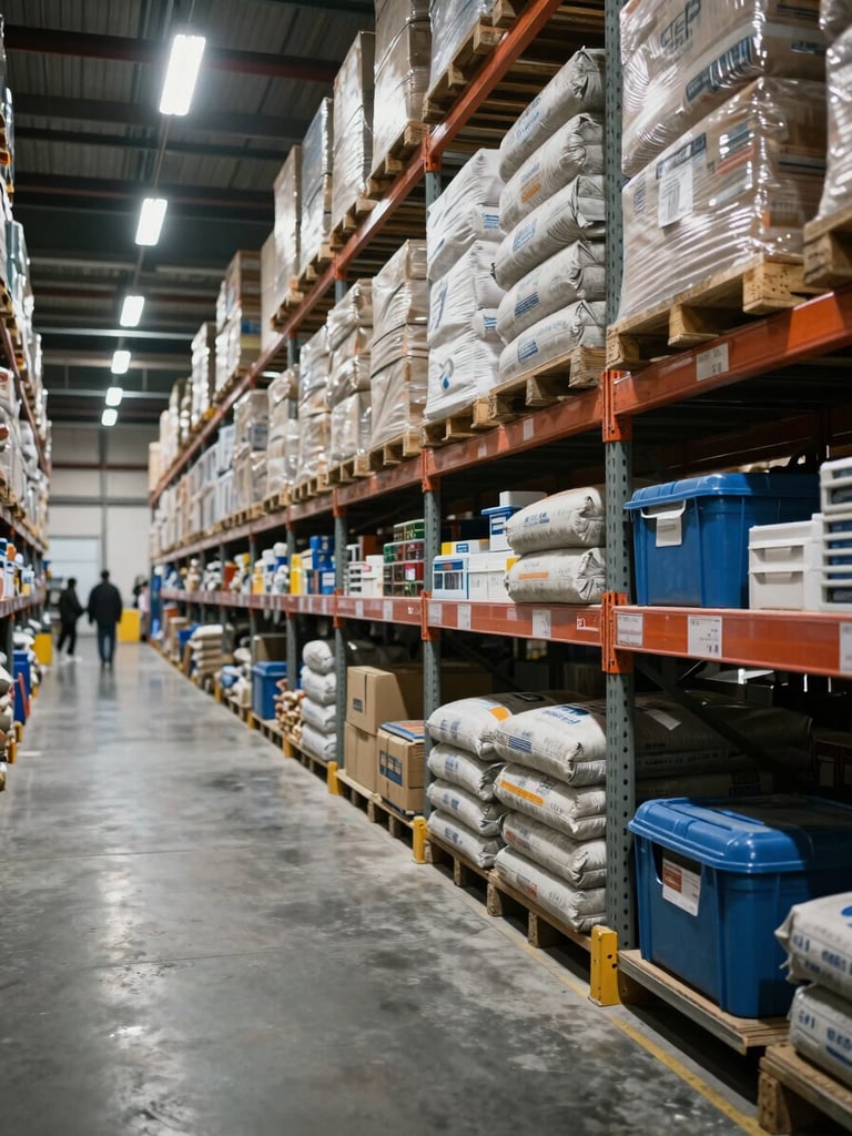 Wide eye-level shot down a stocked warehouse aisle, heavy steel shelving loaded with cement bags and hardware bins to the right third, tungsten overhead lighting casting deep shadows on concrete floor, industrial scale and density prominent