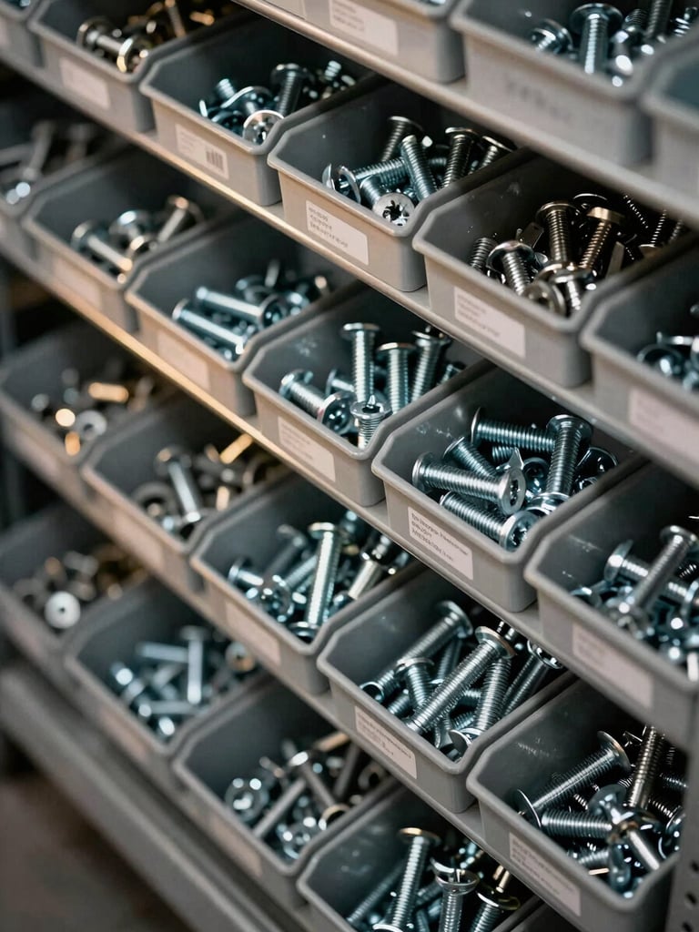 Close-up overhead shot of hardware supply bins organized in a steel shelving unit, bolts, anchors, and fasteners sorted by size in labeled compartments, hard tungsten light raking across metal surfaces, deep industrial shadow between rows