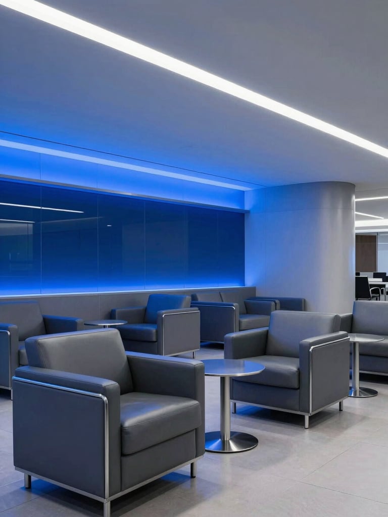Sleek architectural photography of an empty modern airport executive lounge, minimalist leather armchairs, glowing ambient blue light, silver metallic accents, high-end editorial style
