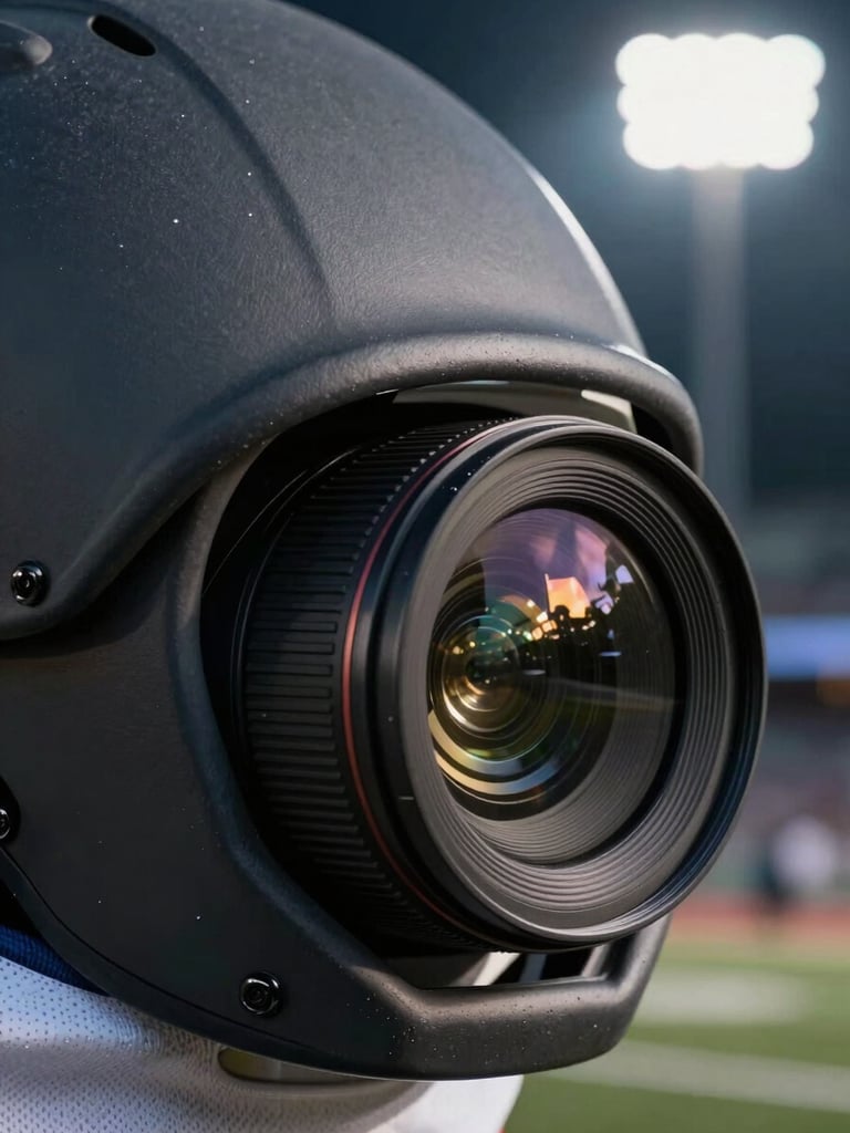 Extreme close-up of a flush-integrated camera lens embedded into a matte charcoal football shoulder pad arch, harsh stadium floodlight reflecting off the glass, deep shadows.