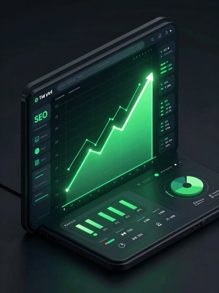 Tight isometric visualization of a dark-mode SEO dashboard with green glowing growth charts and search ranking metrics, neon backlighting.