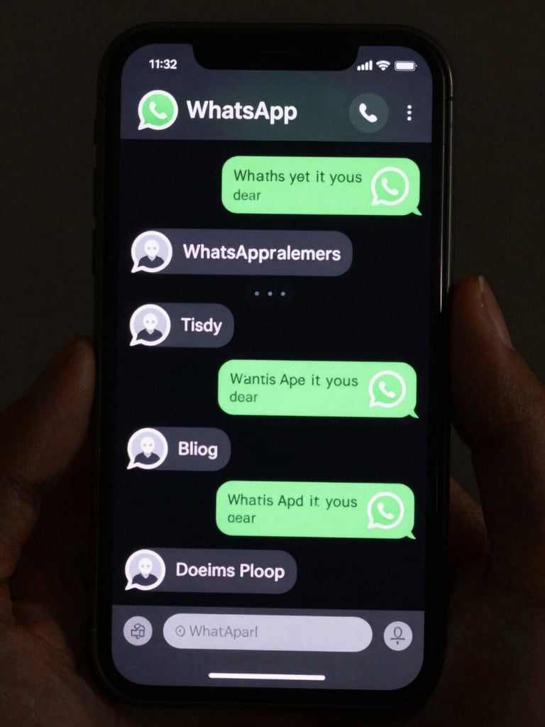 Dark-mode mobile screen displaying an active WhatsApp conversational AI chat interface with instant automated replies and green confirmation badges.