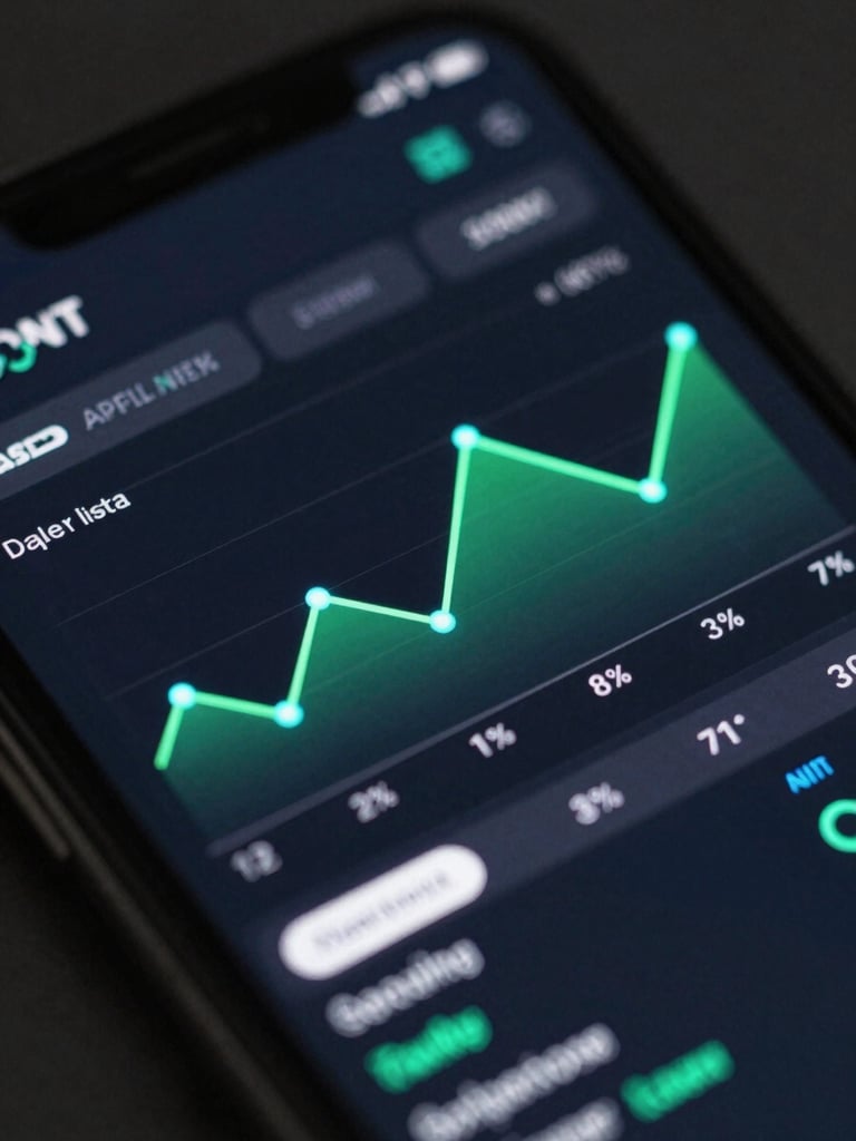 Tight macro shot of a dark-mode campaign analytics dashboard on a mobile screen, glowing electric green line graphs, vibrant cyan data points, sharp geometric interface details, dark background.
