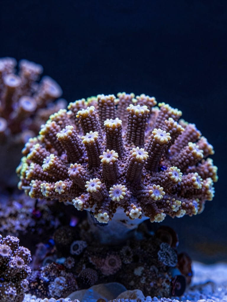 Macro close-up of vibrant, pristine stony corals thriving inside a luxury custom aquarium, dramatic high-contrast lighting highlighting intricate textures, deep ocean tones.