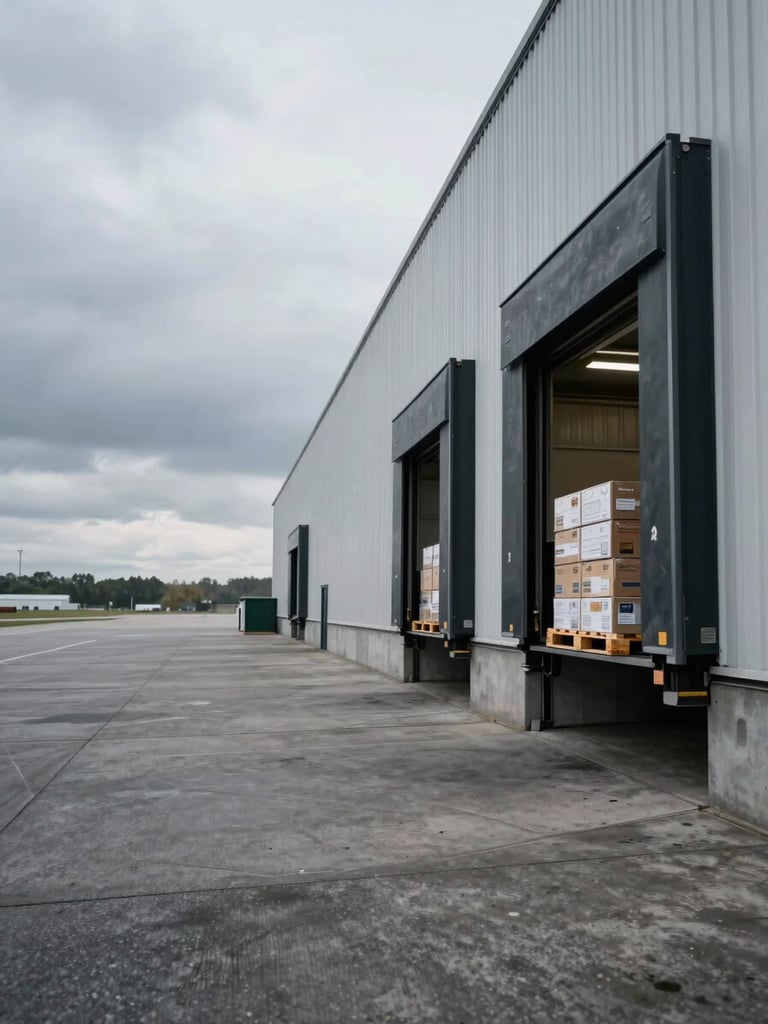 Panoramic overcast exterior — wide shot of a logistics hub loading dock, pallets of boxed goods visible through large bay doors to the right third, expansive gray tarmac apron, low horizon, no people