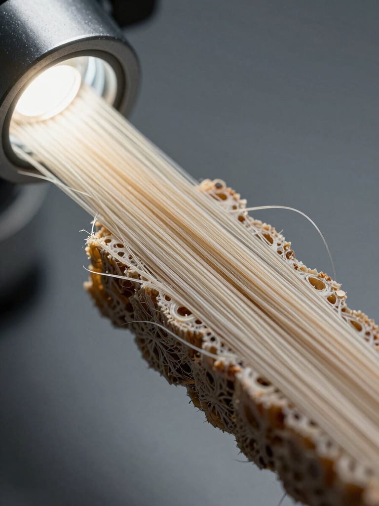 Extreme macro close-up of aramid fiber cross-section under laboratory magnification, individual fiber bundles visible with sharp studio strobe lighting, cool gray background, no warmth, technical documentation framing