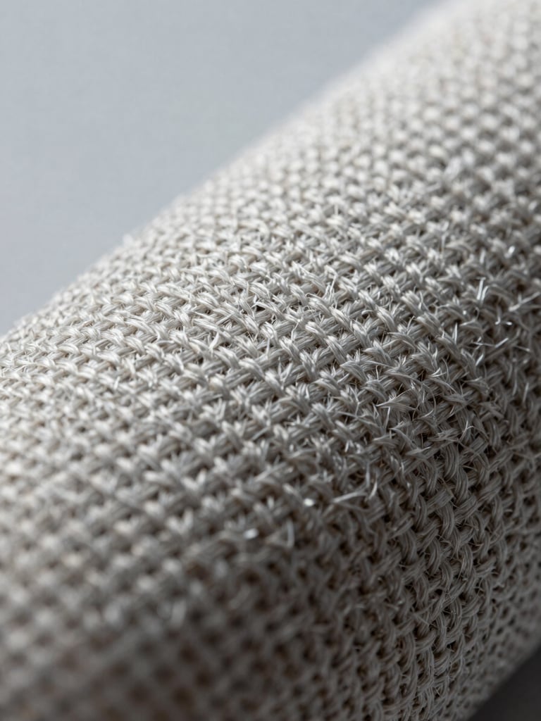 Extreme macro close-up of high-performance aramid woven fabric, controlled studio strobe lighting raking across the fiber surface to reveal individual yarn crimp and weave interlacing, cool neutral background, no warmth, technical documentation framing