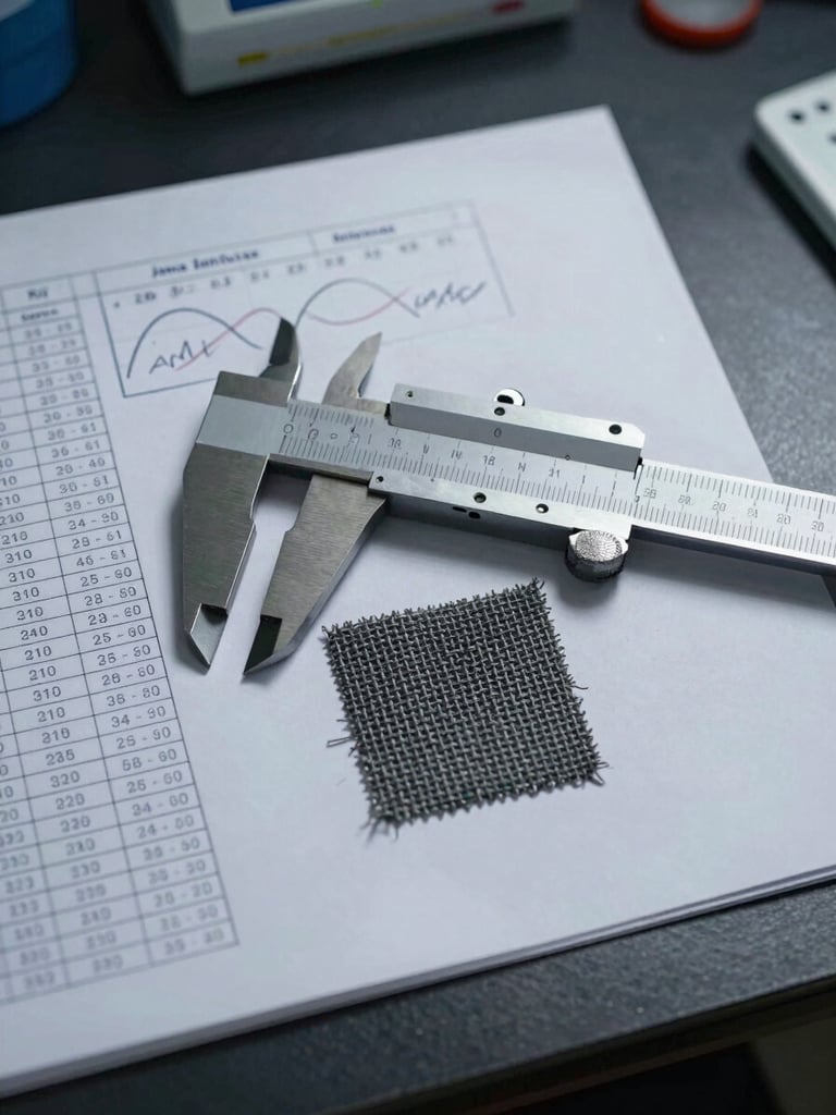 Overhead close-up on a laboratory workstation: a precisely ruled technical data sheet with hand-annotated fiber specification parameters beside a micrometer caliper and a small square of woven aramid fabric, under cool studio strobe lighting that renders crisp shadows and material texture