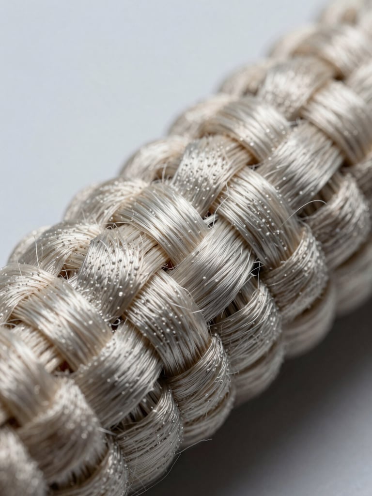 Extreme macro close-up of woven aramid fiber bundle under controlled studio strobe lighting, individual filaments visible at fiber-scale, cool neutral background, sharp depth of field on material texture