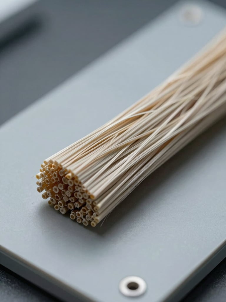 Extreme macro close-up of aramid fiber bundle cross-section on a laboratory slide, individual filaments rendered in sharp relief under controlled studio strobe lighting, cool gray background, no warmth, forensic precision framing