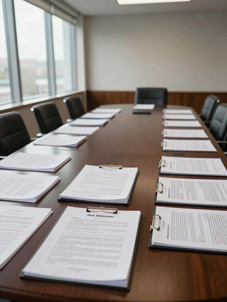 Wide shot of a boardroom table from one end, legal term sheets and due diligence binders spread across the surface, natural daylight entering through tall office windows to the left, no people, architectural framing emphasizing the documents and empty chairs