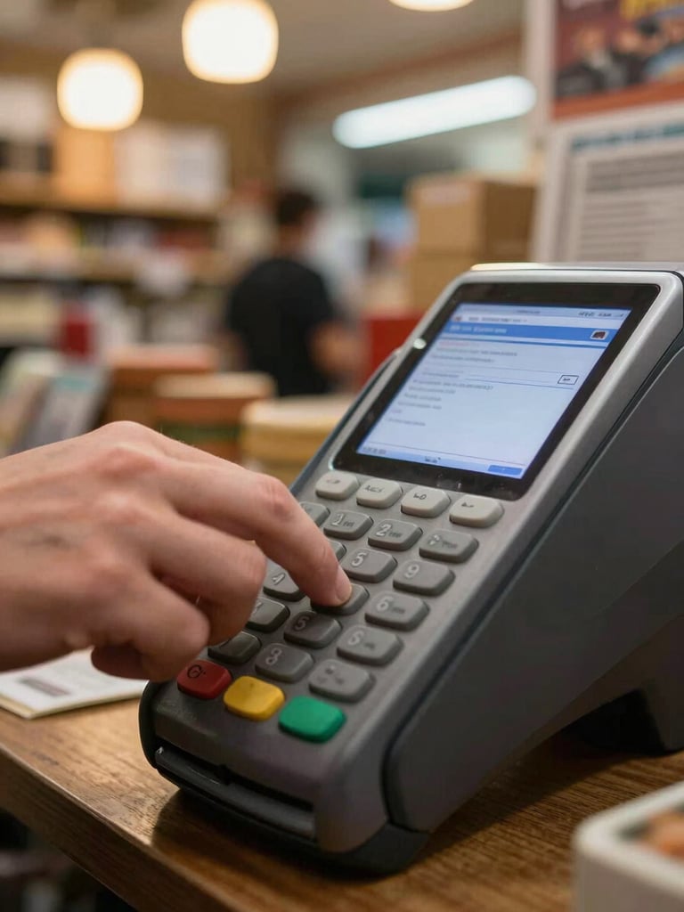 Close-up of hands pressing keys on a POS terminal in a busy market shop, warm overhead store lighting, software transaction screen visible in background, documentary style, no studio