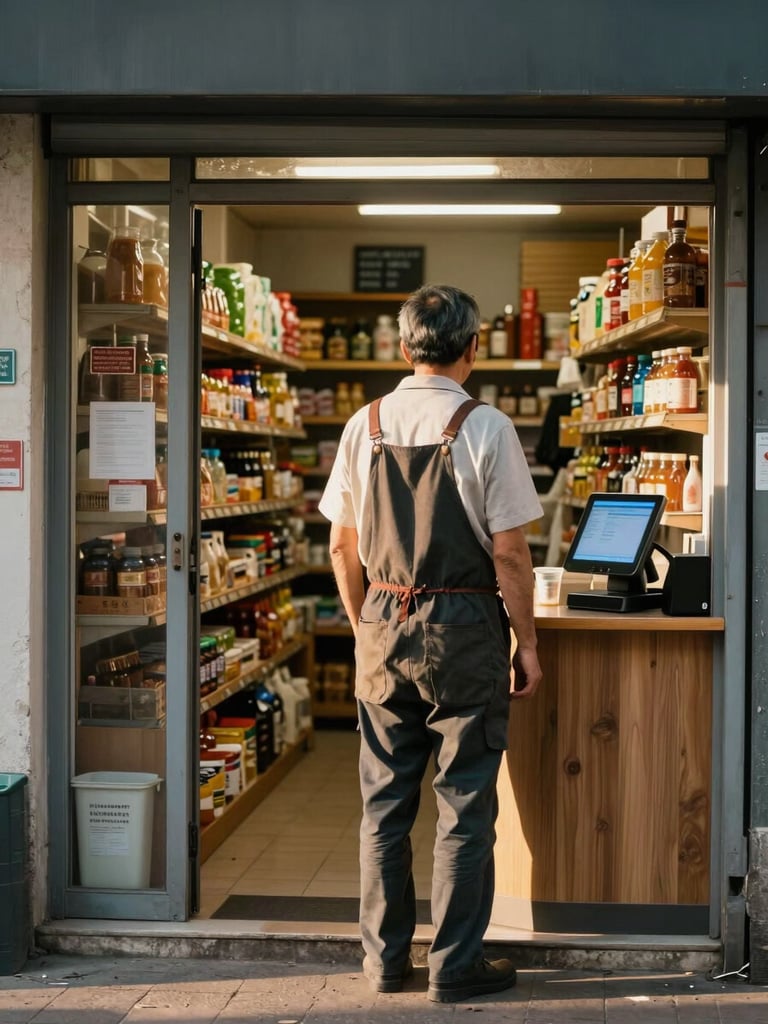 Environmental portrait from behind of a store owner standing at the entrance of their small market, warm afternoon light from the street, shelves of products visible inside, POS terminal glowing on the counter to the right